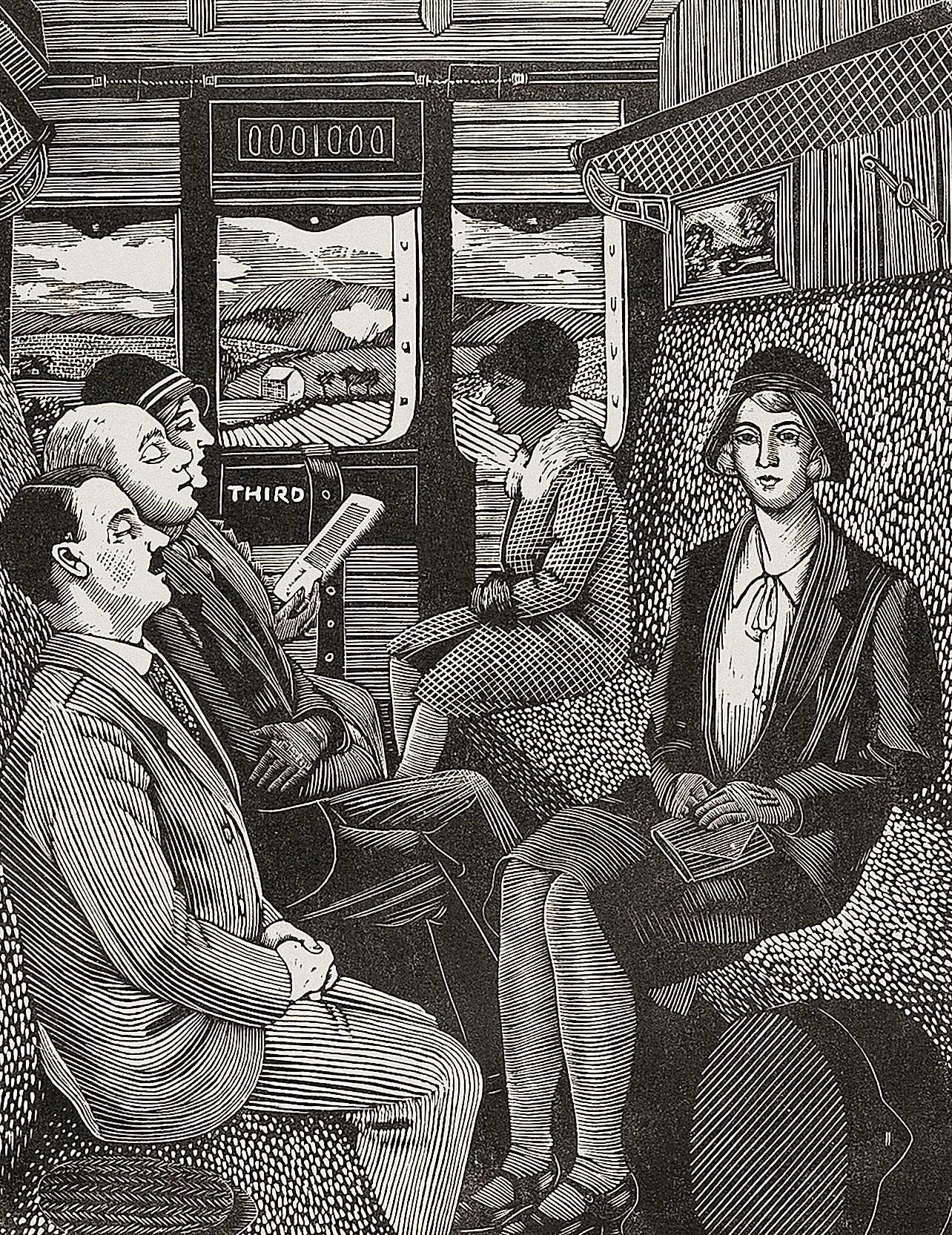 Wood engraving in black and white of the inside of a train carriage with the countryside visible through the window at the back. On the left bench a woman sits party turned to the viewer and wears a cloche hat, jacket and skirt. Opposite her is a sleeping man sat in a striped suit and another sleeping man next to him and a woman reading at the far end.