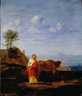 A Woman with Cows on a Road