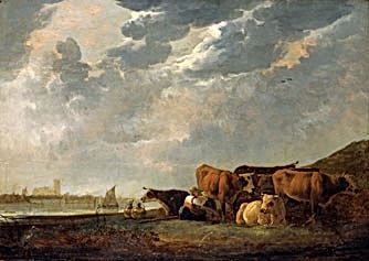 Cattle near the Maas, with Dordrecht in the distance