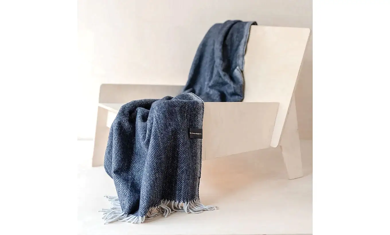 Navy Wool Blanket Herringbone